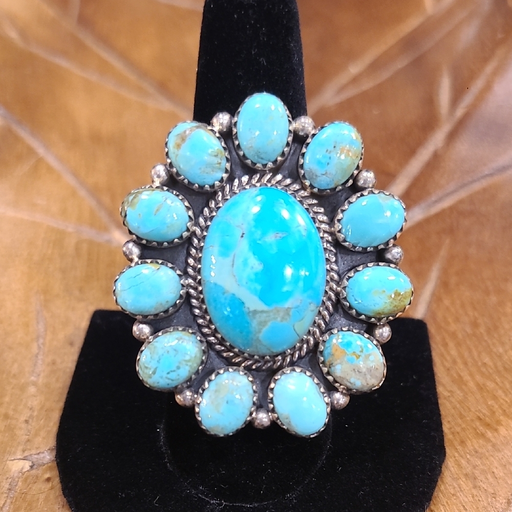 Turquoise Sterling Silver Statement Cluster Ring Adjustable